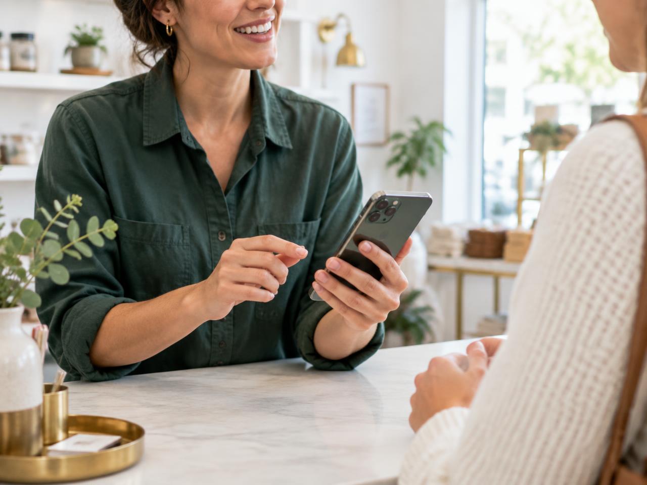 A business owner connecting with a customer while using her phone